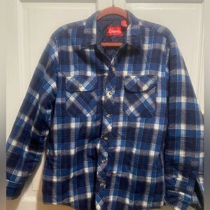 Men’s Coleman Blue Plaid Flannel Quilted Lined Shirt Jacket Shacket Size Large